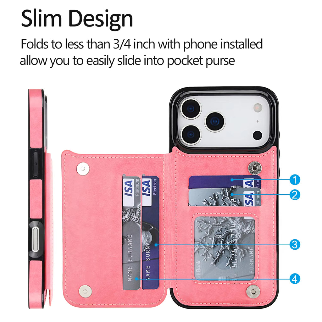 Double Layer Printing Card Holder Solid Color Leather Cover for Iphone 17 Air 16E 16 Pro 15 14 13 12 11 8 7 6 plus X XR Max Case
