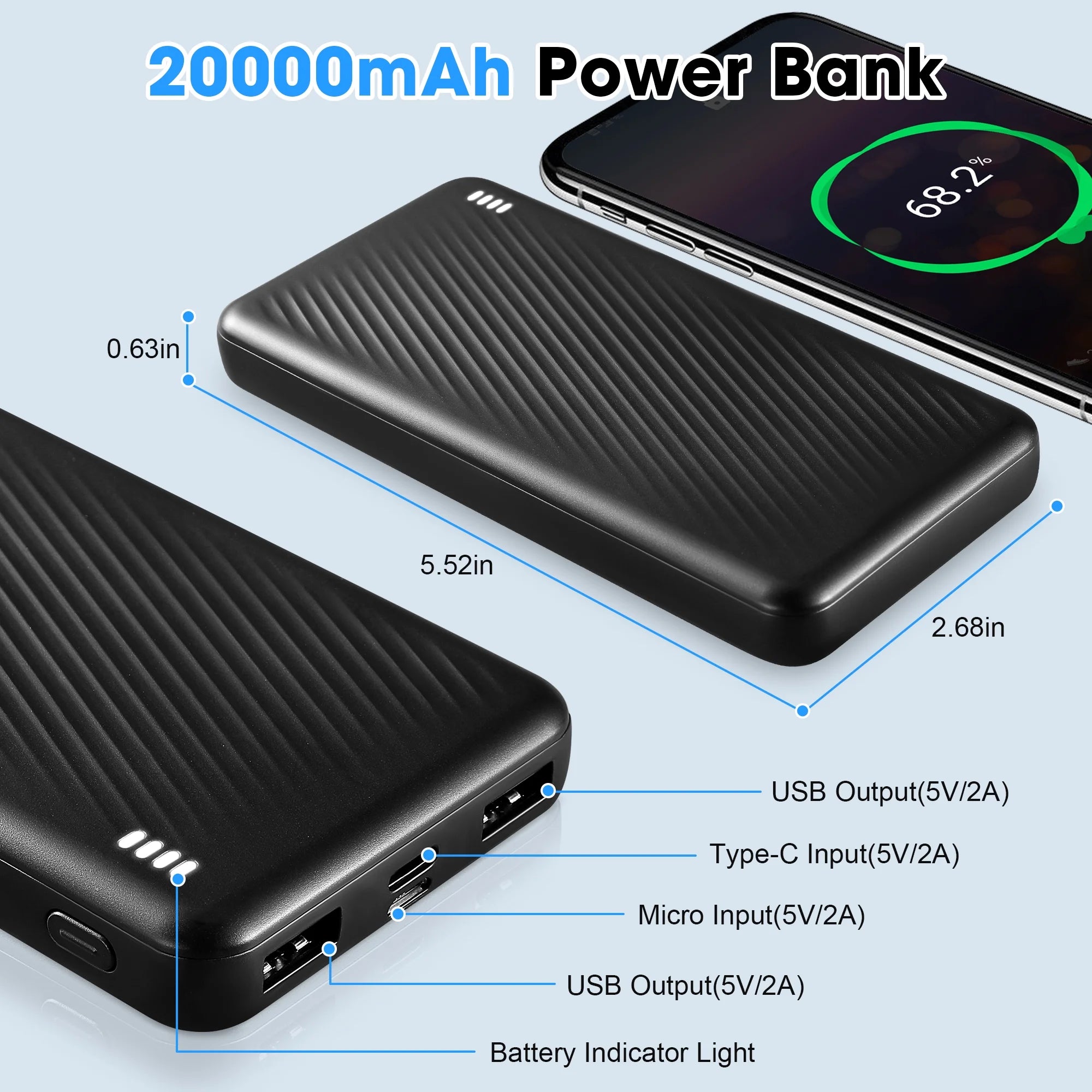 20000Mah Portable Phone Charger for Iphone , Cell Phone Portable Power Banks with Micro and Type C Inputs, Dual USB Output Battery Pack for Android, Galaxy, Pixel(Black)