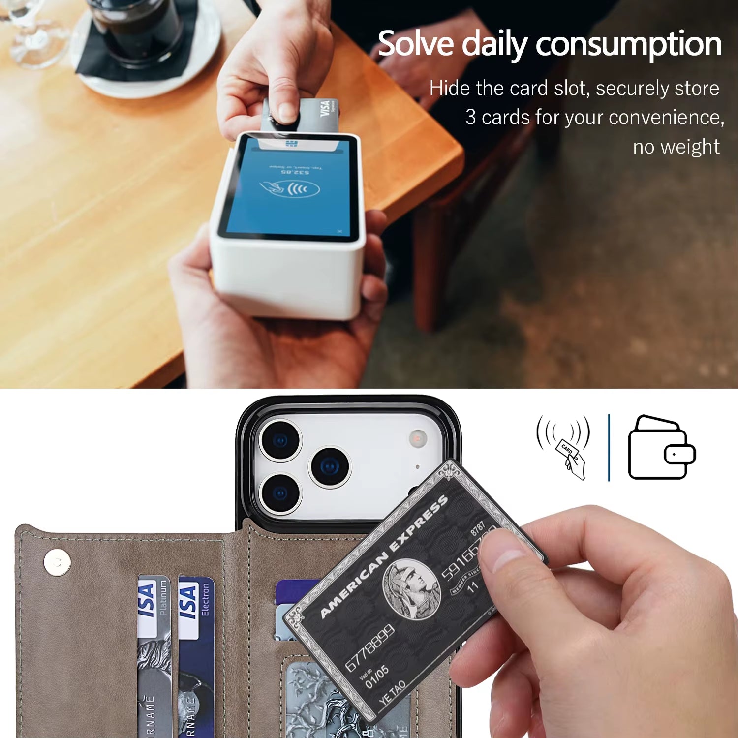 Double Layer Printing Card Holder Solid Color Leather Cover for Iphone 17 Air 16E 16 Pro 15 14 13 12 11 8 7 6 plus X XR Max Case