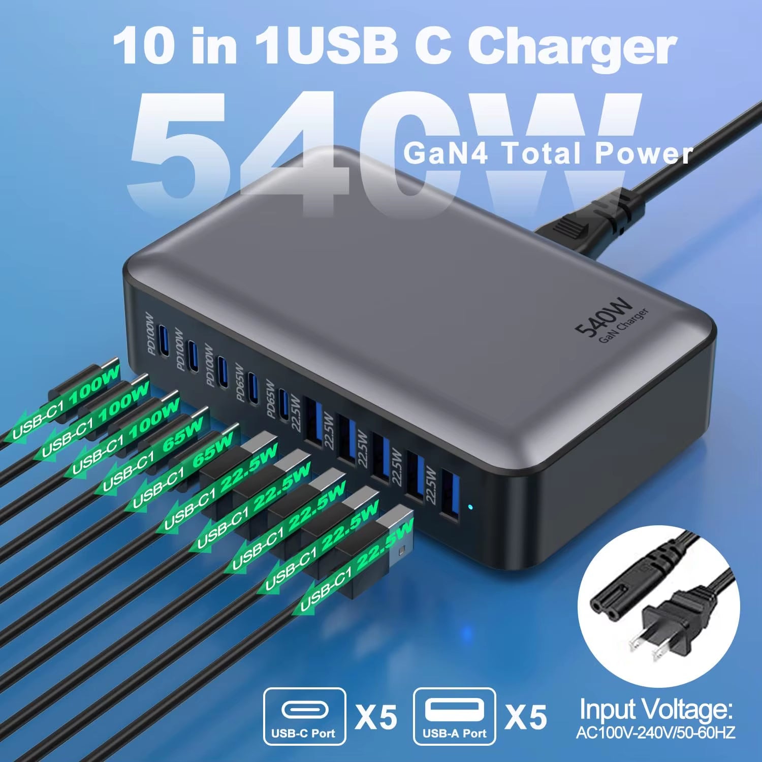 200/300/540/620W GaN High Power 10-Port Fast Charger