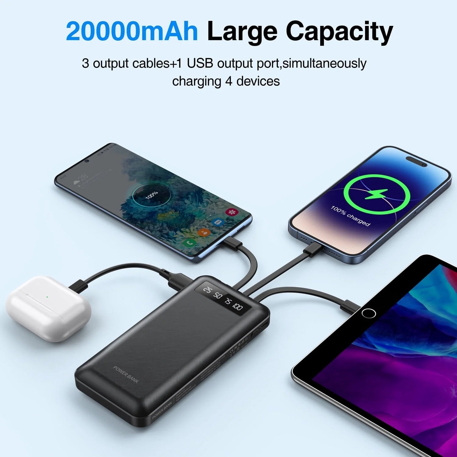 20000mAh Portable Power Bank Charger with Cables