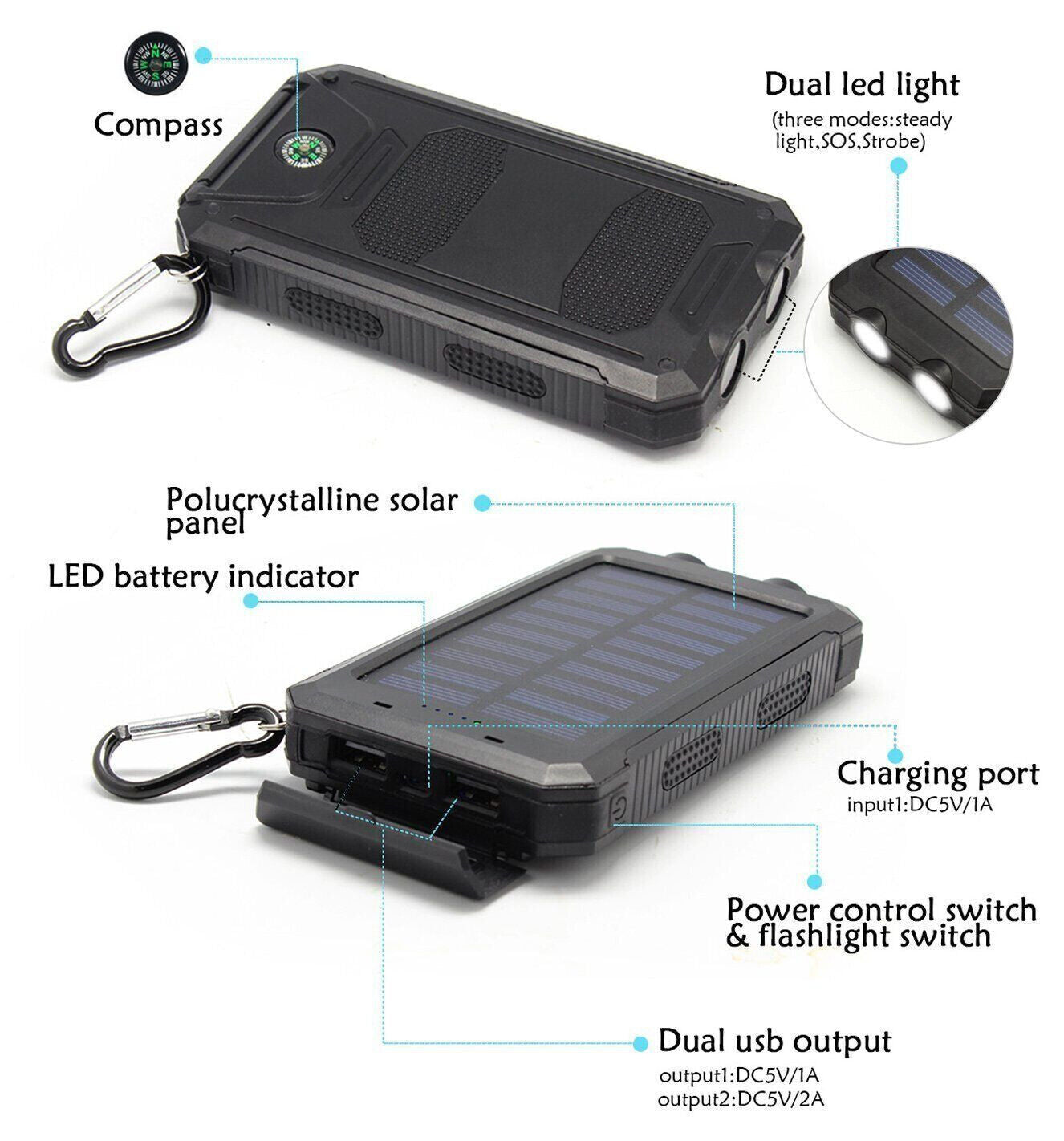 2024 Super Large Capacity USB Portable Charger Solar Power Bank for Cell Phone