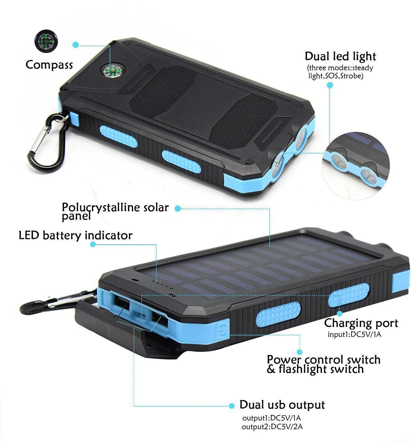 2024 Super Large Capacity USB Portable Charger Solar Power Bank for Cell Phone