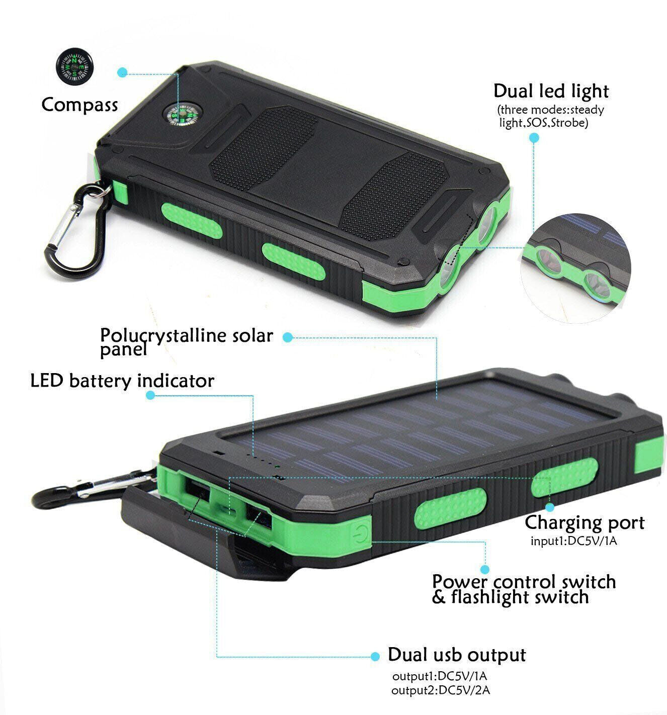 2024 Super Large Capacity USB Portable Charger Solar Power Bank for Cell Phone