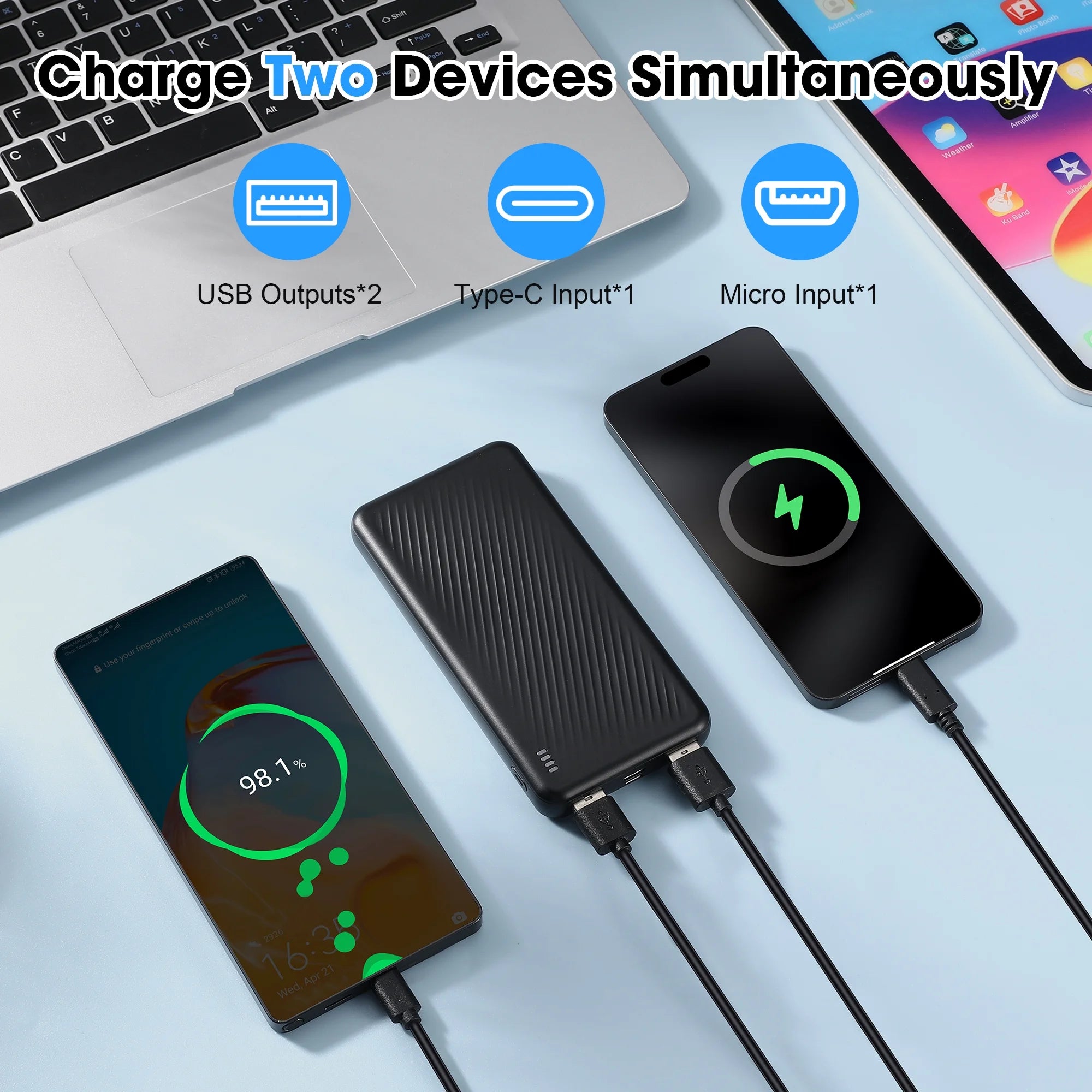 20000Mah Portable Phone Charger for Iphone , Cell Phone Portable Power Banks with Micro and Type C Inputs, Dual USB Output Battery Pack for Android, Galaxy, Pixel(Black)