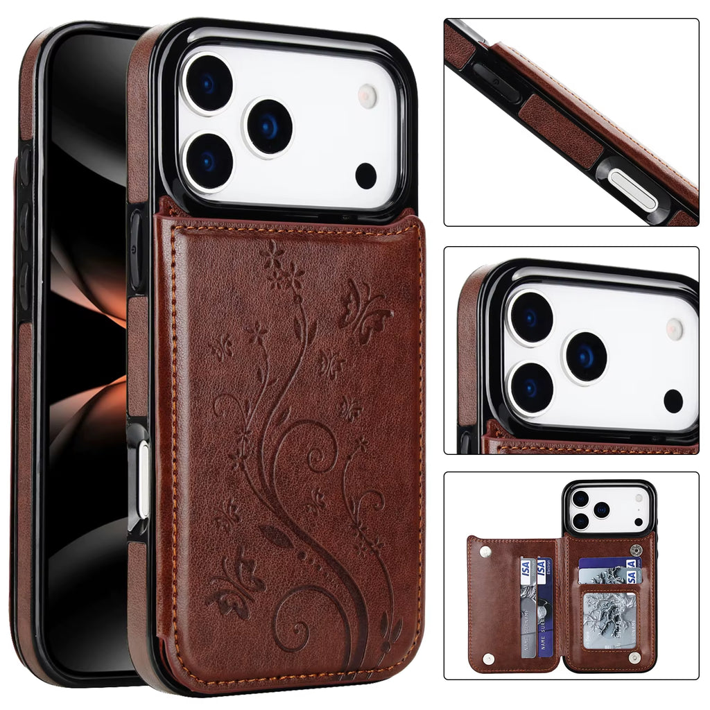 Double Layer Printing Card Holder Solid Color Leather Cover for Iphone 17 Air 16E 16 Pro 15 14 13 12 11 8 7 6 plus X XR Max Case
